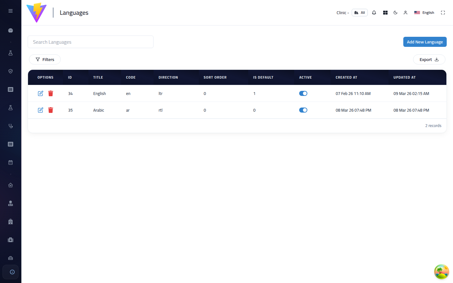 Languages Config Page